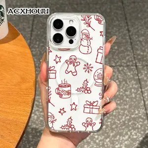 Girly Magnetic Case for iPhone11/12/13/14/15/16/17/promax, Red Christmas Doodle Pattern MagSafe Ready, Slim Fit, Drop-Proof | Perfect for Soft Girl Aesthetic