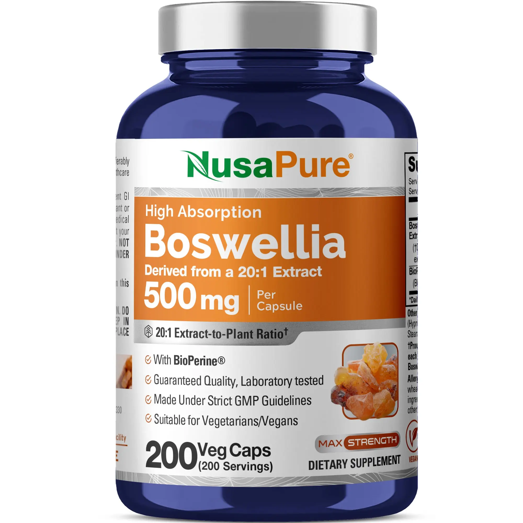 NusaPure Boswellia Serrata Botanical Extract Capsules - 500mg Per Capsule, 200 Count, 20:1 Extract, GMO-Free, Vegan, Bioperine Aid, Ayurvedic Gut Support, Joint Health for Adults (Indian Olibanum)