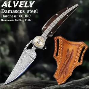 ALVELY Handmade VG10 Damascus Steel Men's Pocket Knife with Sheath, suitable for camping and outdoor activities, high hardness, suitable for hunting and exploration, EDC tool, multi-functional!