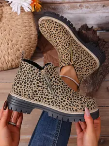 Women's Fashionable Leopard - Print Ankle Boots, Casual Comfortable Side - Zip Booties, Female All - match Round - Toe Shoes for Daily & Outdoor Wear, Girl, Trendy Animal - Print Footwear, Soft Soled Walking Boots
