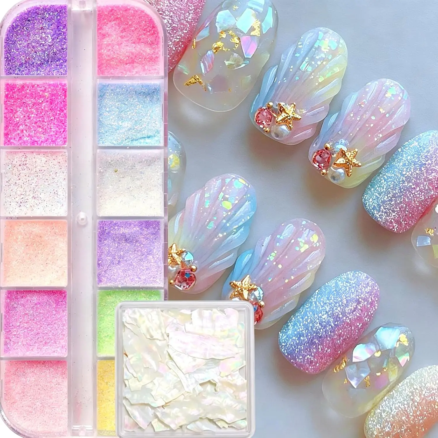 Halloween Fall Gift 12 Colors Sugar Nail Glitter Powder Set – Natural Abalone Shell Flakes, Holographic Iridescent Mermaid Shell Sequins, Candy Nail Pigment for Ocean Theme Gel, Acrylic & DIY Nail Art Decoration