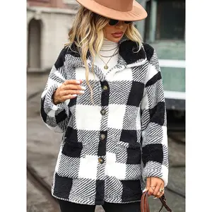 BIGWIG women's autumn and winter coat, button plaid pattern, double pockets, dropped shoulder flannel long sleeve coat, double-faced plush plaid lapel jacket, women's plaid lambskin jacket, winter warm lapel coat