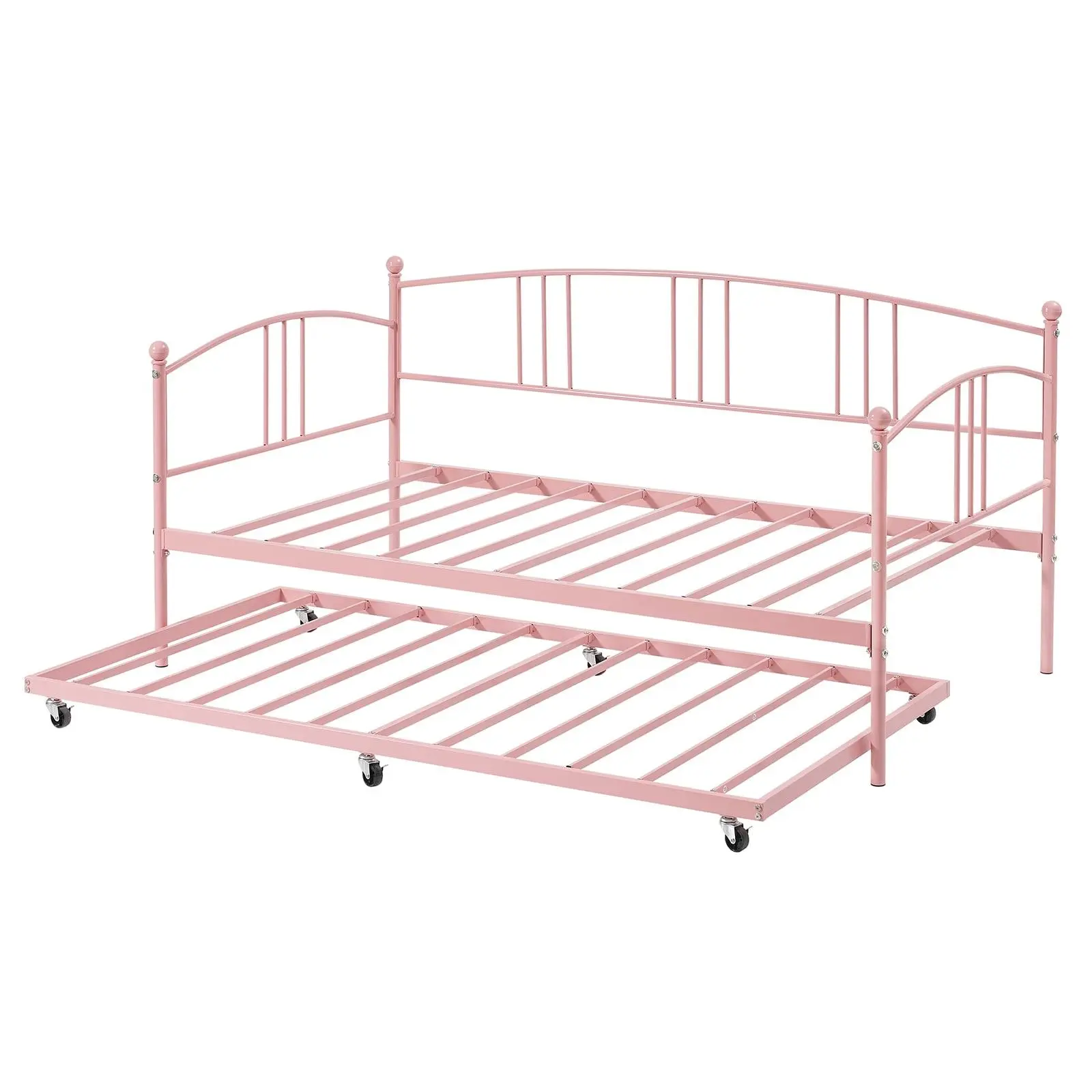 Daybed with Trundle Trundle Bed Twin with Arched Headboard Sturdy Metal Day Bed with Steel Slat Support SofaBed for Bedroom Living Room and Guest Room Pink