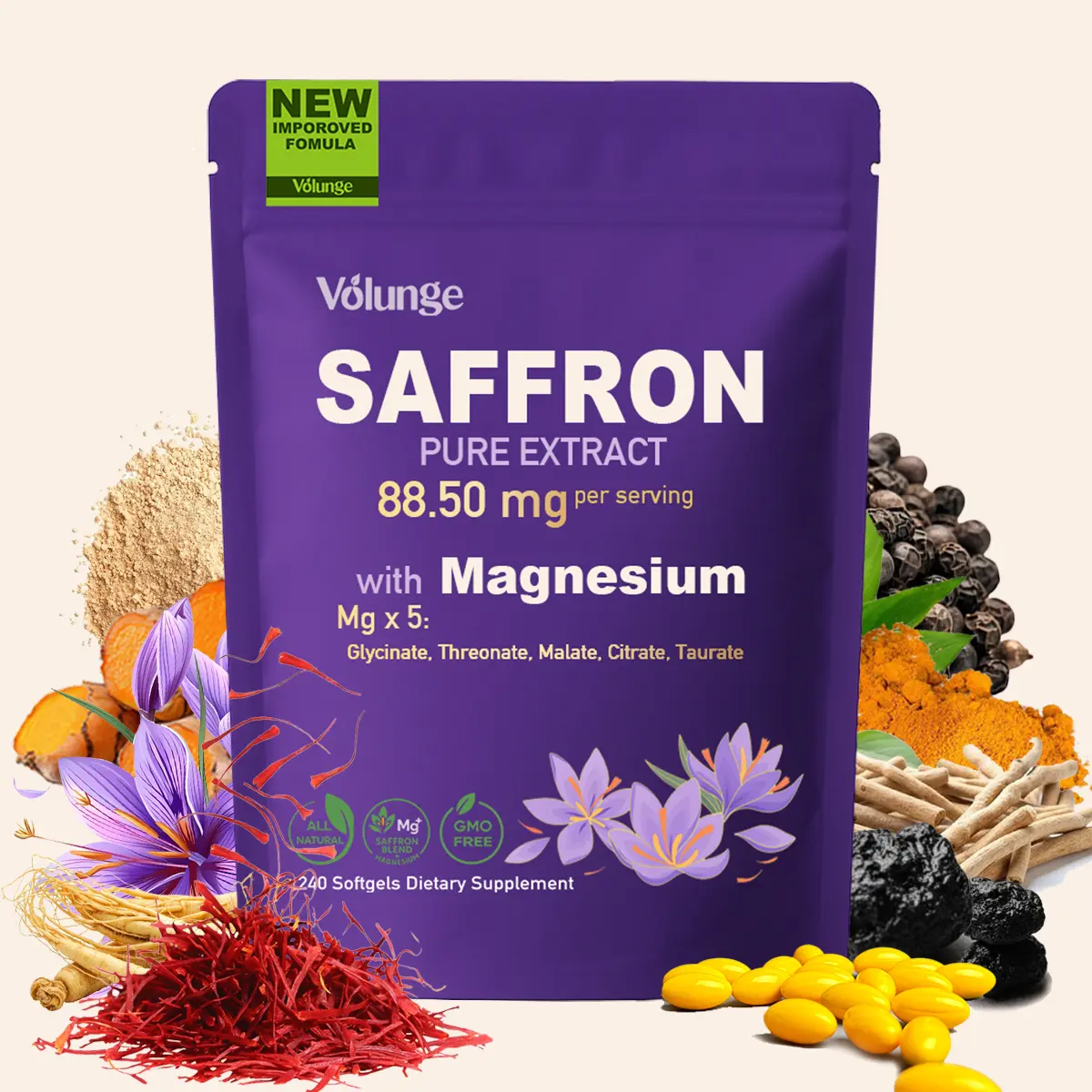 Volunge Vegan Saffron Extract Natural Blend Dietary Supplement with Magnesium Complex - Calming, Hormonal Support, B6 Mind Support Herbal Extracts Mineral Supplement, 240 Softgels, 80 Days Supply, Calming Magnesium Mineral Supplements