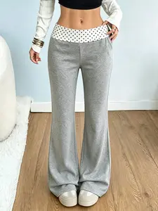 Polka Dot Waistband Flare Sweatpants, Sporty Casual Pants, Stretchy Fabric, Comfortable Gym Wear, Chic Streetwear Look, Flared Sweatpants