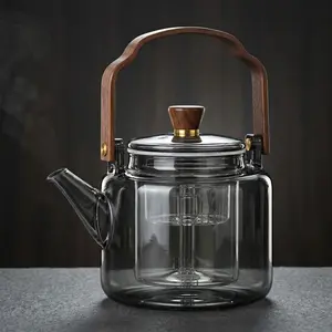 Glass Teapot with Wooden Handle, 1 Count Heat Resistant Teapot, Tea Making Tool for Home Office Dining Room, Glass Tea Kettle