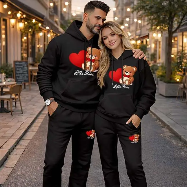 Men's Minimalist 2-Piece Casual Bear Heartbeat Print Tracksuit - Polyester Long Sleeve Hoodie with Drawstring, Loose Bottom Sweatpants Matching Set, Athletic, Hooded Neck, Baggy, Casual Athletic, Drawstring Pants, Minimalist Set