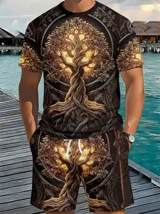 Tree of Life Dark Style Printed 3D Digital Printed Two-piece Set, 2Pcs, Trendy Fashion Suit, Trendy Retro Casual Two-piece Outfit, Resort-style Trendy Wear, Breathable Sports Casual Style, Perfect Festival Gift for Men