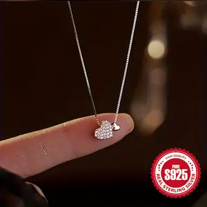 "925 Sterling Silver Heart Pendant Necklace | Zirconia Inlaid Clavicle Chain"
