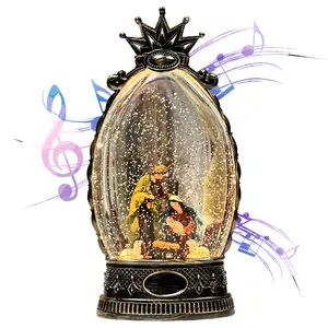 Christmas Ornaments Nativity Snow Globe Lantern with Music, Baby Jesus Religious Snow Globe Gifts, 10 Inch, Glittering Lantern (Copper Finish)