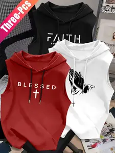 Men's High-Quality Casual Fashion Wear Sleeveless Hooded Vest, Adjustable Drawstring, Soft Fabric, Comfortable Wear, 3-Piece Set, Casual Street Comfy