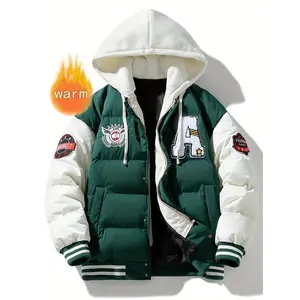 Winter Letter Embroidery Men's Jacket Colorblock Couple Thick Warm Coat, Casual Winterwear, Outdoor Windproof Overcoat, Trendy Layered Outerwear, Modern Street Style, Heavyweight Fabric, Machine Washable Pullover Sweatshirt, Unisex Apparel, Cotton Fashion