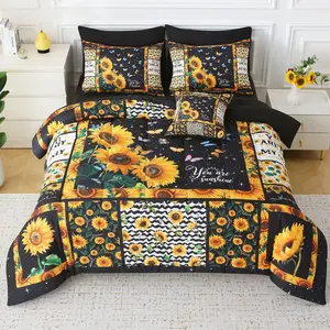 Sunflower Comforter Set  for Girls Women,6  Bed in A Bag 3D Black Sunflower Theme Butterfly Bedding Set with Sheet Set(Black)