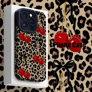 Leopard Cherry Pattern Phone Case for iPhone 16/15/14/13/12/11/x/8/7, Anti-Drop PU Leather Cover, Fashionable Design, Dirt-Resistant