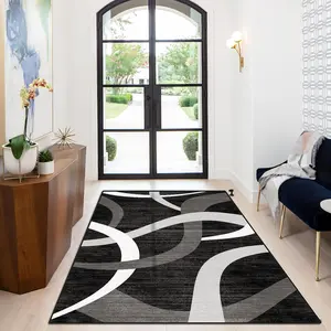 Large 3x5 ft Entryway Rug Indoor,Washable Area Rug for Bedroom Bedside,Non-Slip Low Pile Ultra Soft Rugs for Office,Bathroom,Large Kitchen,Modern Abstract Design Rug,Black/C02