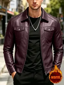 Classic Men's Thick PU Leather Shirt Collar Jacket, Casual Full Zip Riding Coat, Versatile Daily Streetwear, Trendy Outerwear for Men, Menswear