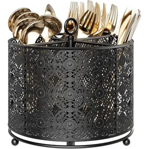 360 °   Rotating Countertop Utensil Caddy with 4 Compartments, Higher Raised Cutlery Silverware Flatware Organizer with Handle for Party Kitchen Counter Office, Black