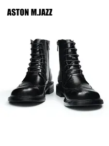 Premium Cowhide Leather British Vintage Brogue High Heel Ankle Boots, Stylish Chunky Heel Short Boots for All Seasons, Elegant Business Riding Footwear