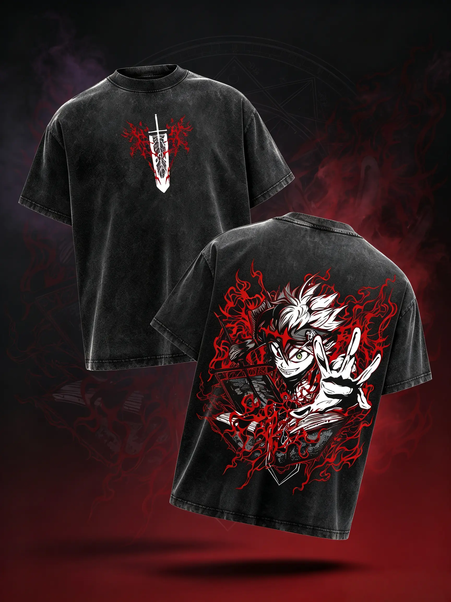 Menswear Oversized Round Neck Short-Sleeve Washed Cotton T-Shirt - Black Clover Asta Demon Sword Acid Wash, Front Anti Magic Sword Logo, Back Red Flame Demon Form Graphic, Unisex Tops, Machine Washable, Gift for Manga Fans, Shortsleeve, Tee