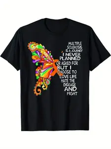Women's Plus-Size Multiple Sclerosis Awareness T-Shirt - MS Supportive Casual Top with Vibrant Butterfly & MS Symbol Graphic, Breathable Short Sleeve Round Neck Tee, Machine Washable for MS Patients & Caregivers