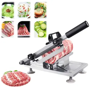 Stainless Steel Beef Mutton Rolls Cutter, Adjustable 0.3-8mm Thickness Manual Meat Slicer with Suction Cup Base, Ergonomic Frozen Meat Fruit Vegetable Cutting Machine for Home Kitchen