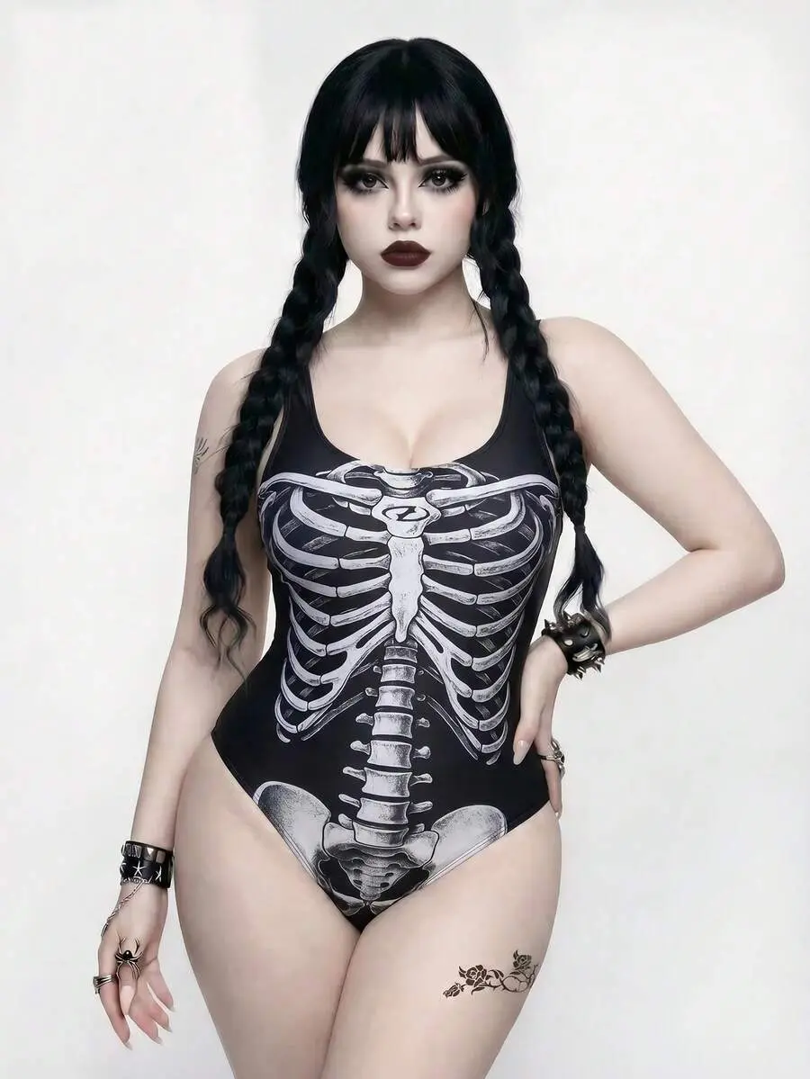 Plus Size Women's Skeleton Print Cut Out Back Sexy Cosplay Goth One Piece Swimsuit Beach Vacation Black Summer