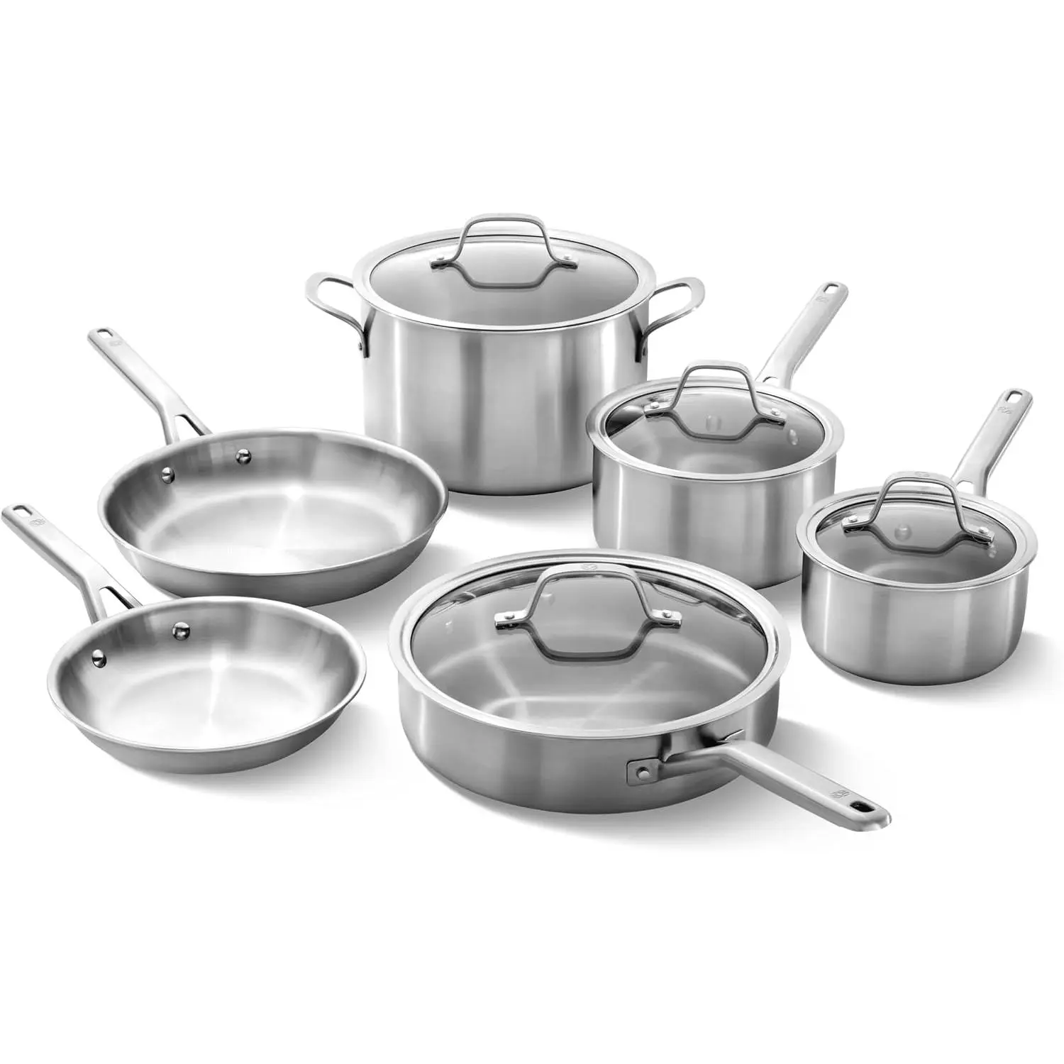 Calphalon Brushed 3-Ply Stainless Steel Cookware Set w/Turbo Heat Tech 10-Piece Set Includes Frying Pans, Pots and Pans Set, Induction, Oven Safe 450F, Brushed Stainless Silver