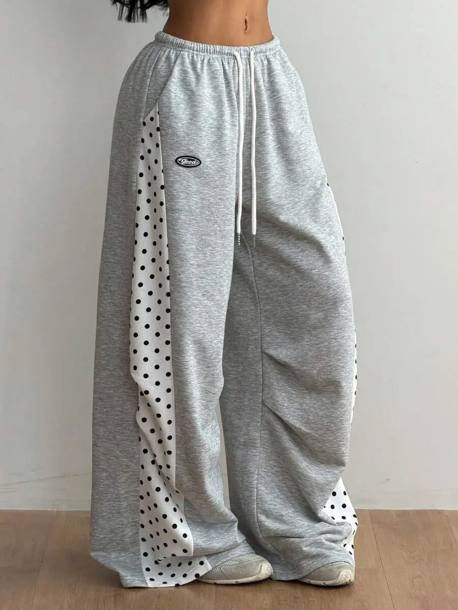 Women Summer Grey Polka Dot Panel Cargo Sweatpants, Knit Wide Leg Track Pants, Drawstring Y2K Streetwear Joggers - fall outfit, back to school outfit - fall outfit, back to school outfit