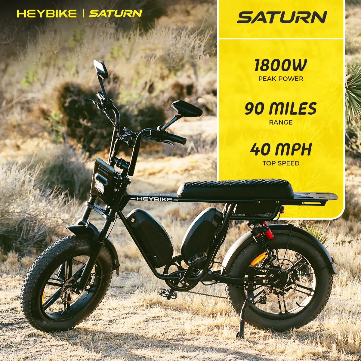 Heybike Saturn Electric Bike | 52V 28Ah | 1800W Peak Motor | 95Nm Torque | APP Adjustable Speed Modes | Up to 90 Miles Range | Full Suspension | Fat Tires | UL 2849 Certified | Perfect Father’s Day Gift