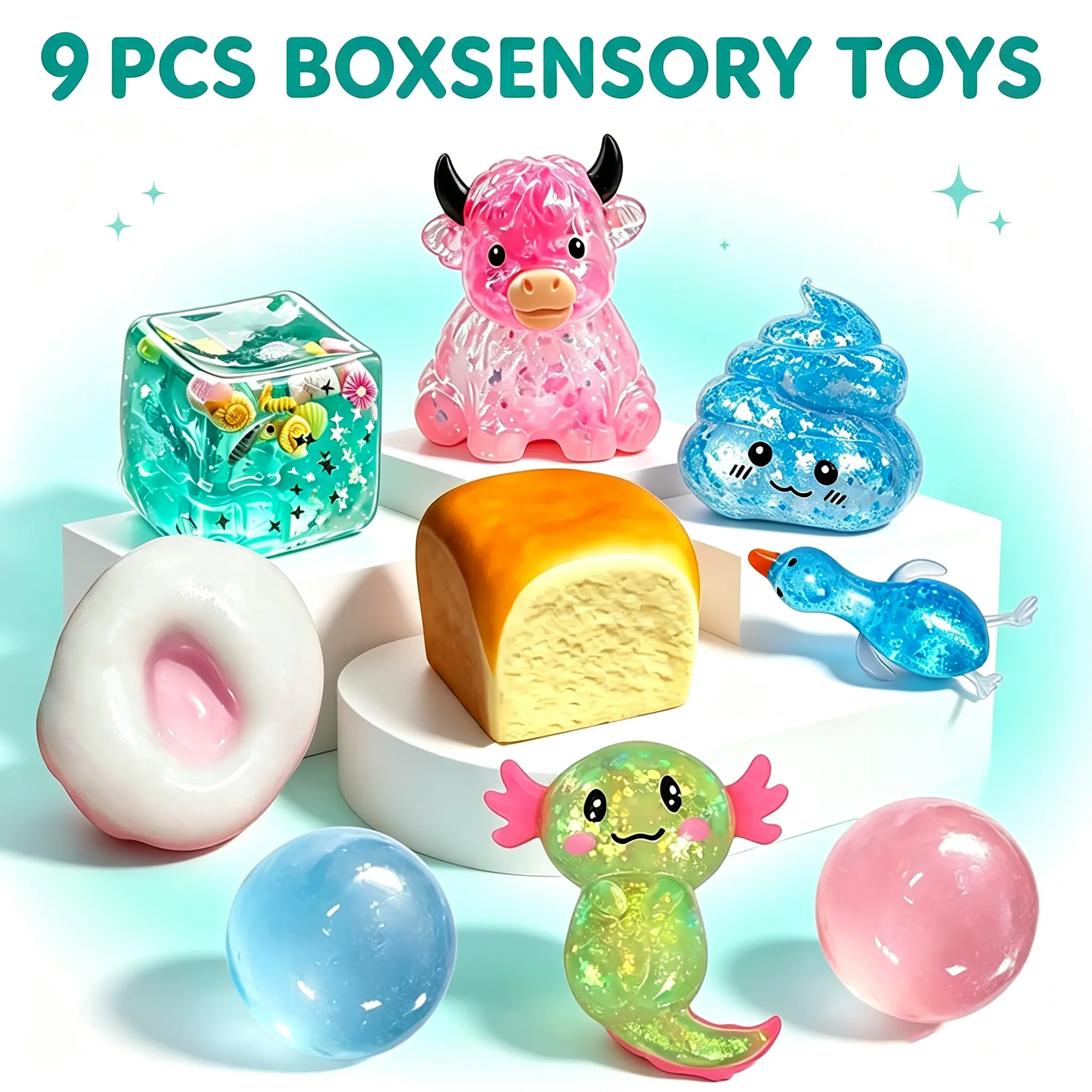 9-Piece Set Box Malt Sugar Stress Relief Fidget Toys, Sensory Bundle, Creative Slow-Return Squishy, Party Gift, 9 Different Styles