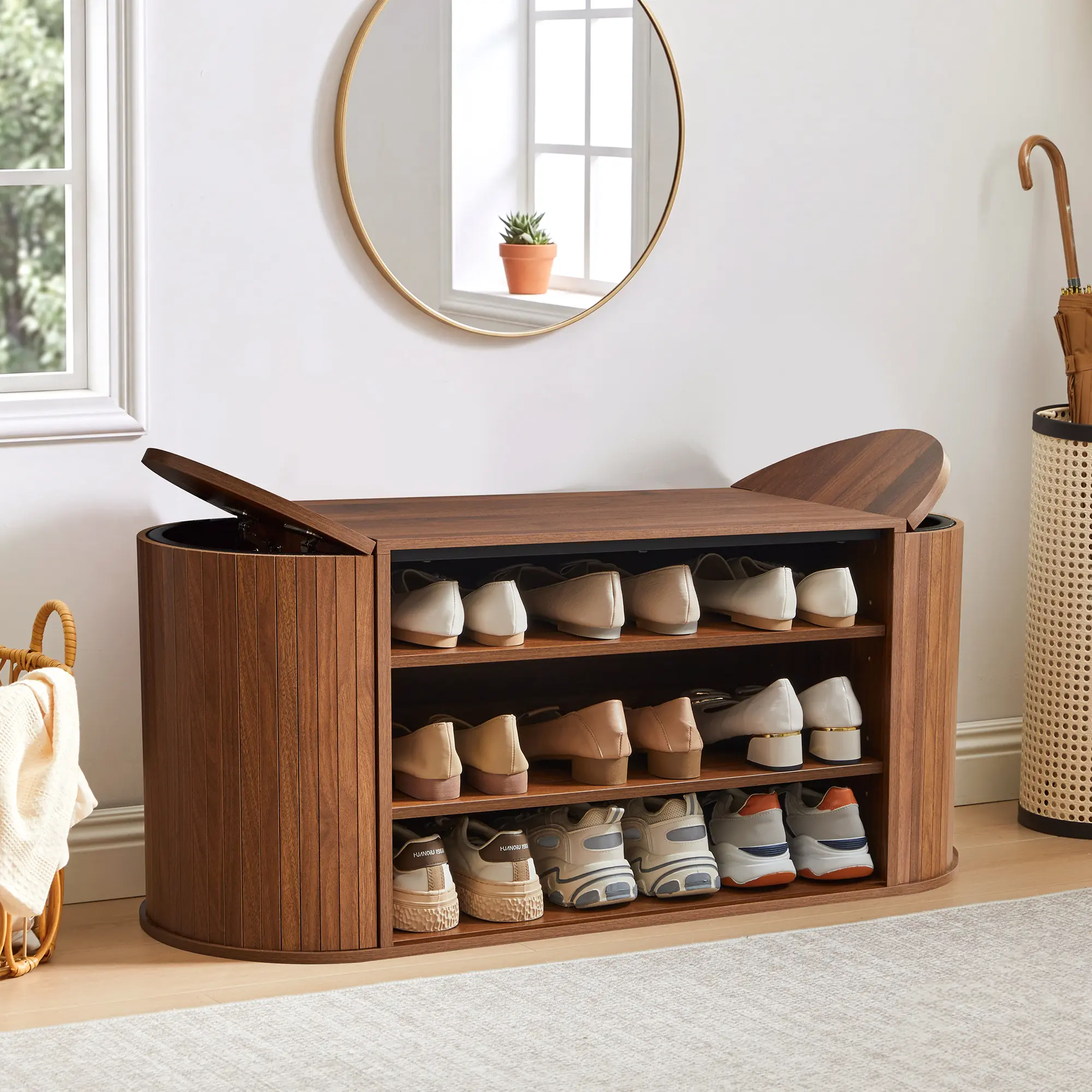 Giratree 39" Shoe Bench with Storage, Oval Entryway Shoe Rack Bench with 2 Hidden Side Compartments, 3-Tier Mid-Century Modern Wooden Organizer with Adjustable Shelves for Hallway Bedroom