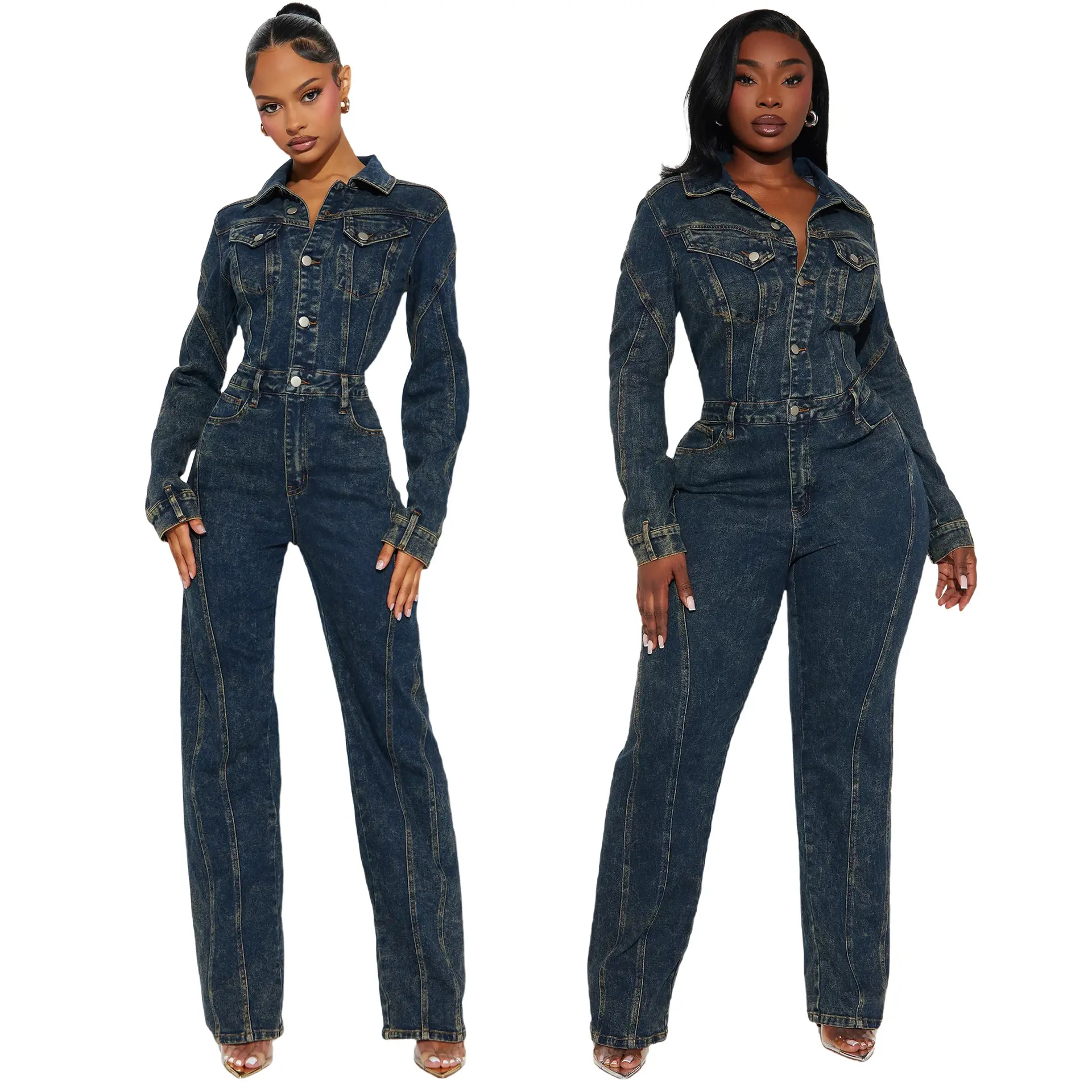 6039 Loose Elastic Floral Washed Long Sleeve Patchwork Denim Jumpsuit