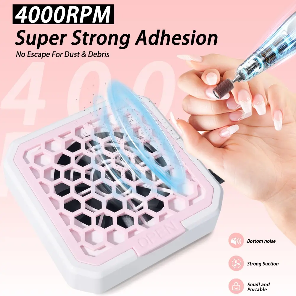 Compact Nail Dust Collector, Portable & Strong Suction Vacuum Fan Dust Extractor with Honeycomb-Shaped Removable Dust Cover, 4000 RPM Nail Dust Fan with Reusable Filter, Low Noise, for Acrylic Nails, Salon & Home, At Home Manicure, Pink, Diy Manicure