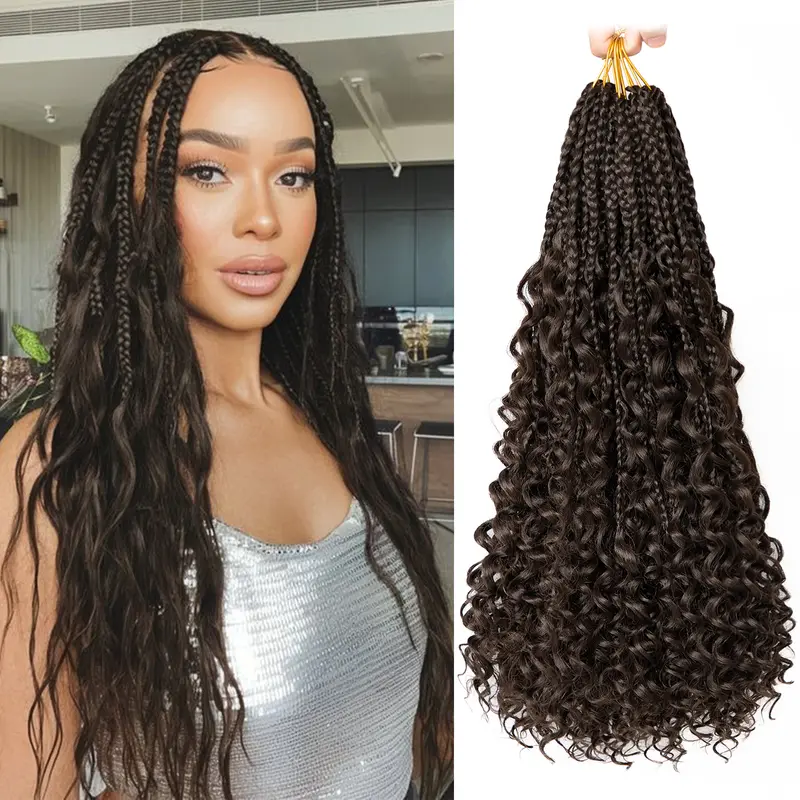 Goddess Box Braids Crochet Hair for Black Women, 18 Inch Boho Crochet Hair Pre Looped Crochet Box Braids with Curly Ends(4#)