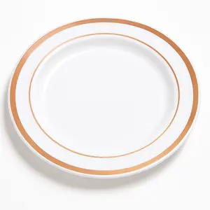 Rose Gold Trim Round Appetizer Plates - Set of 20 Premium Plastic Plates, 6.25"