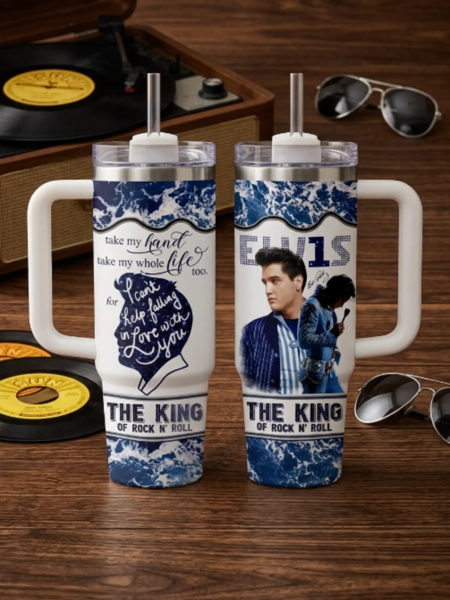 Elvis P Blue King Tumbler 30oz 40oz with Handle, Take My Hand Quote Rock and Roll Fan Cup, Vintage Music Travel Mug Gift, Straw Not Included