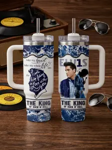 Elvis P Blue King Tumbler 30oz 40oz with Handle, Take My Hand Quote Rock and Roll Fan Cup, Vintage Music Travel Mug Gift, Straw Not Included