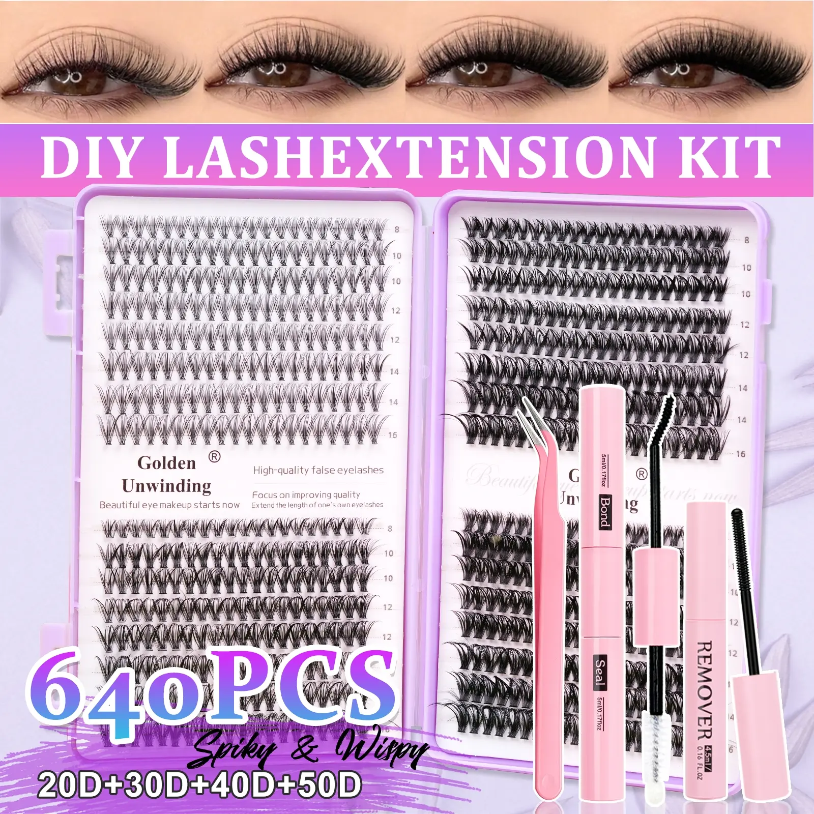 640-piece false eyelash extension kit, 20D30D/40D/, individual false eyelash cluster kit, includes adhesive and sealant, tools for applying false eyelashes, DIY false eyelash extension kit, Eyelashes Extensions Kit