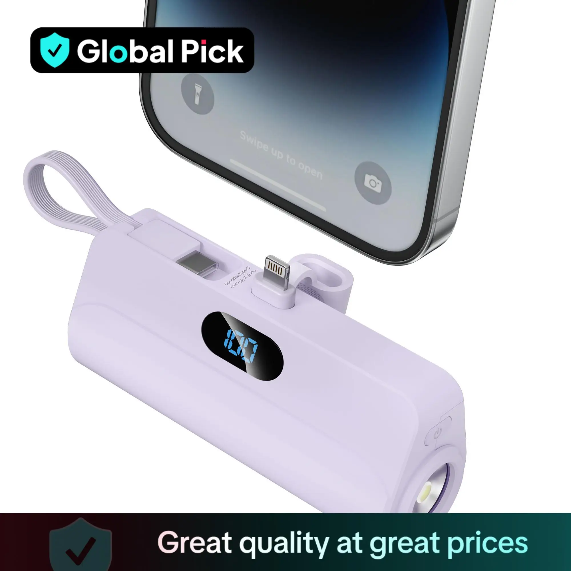 5000mAh Portable Mini Power Bank with Built-in Cables, Mobile Power Bank with LED Digital Display & Flashlight, Suitable for iPhone 15/14/13, Galaxy S