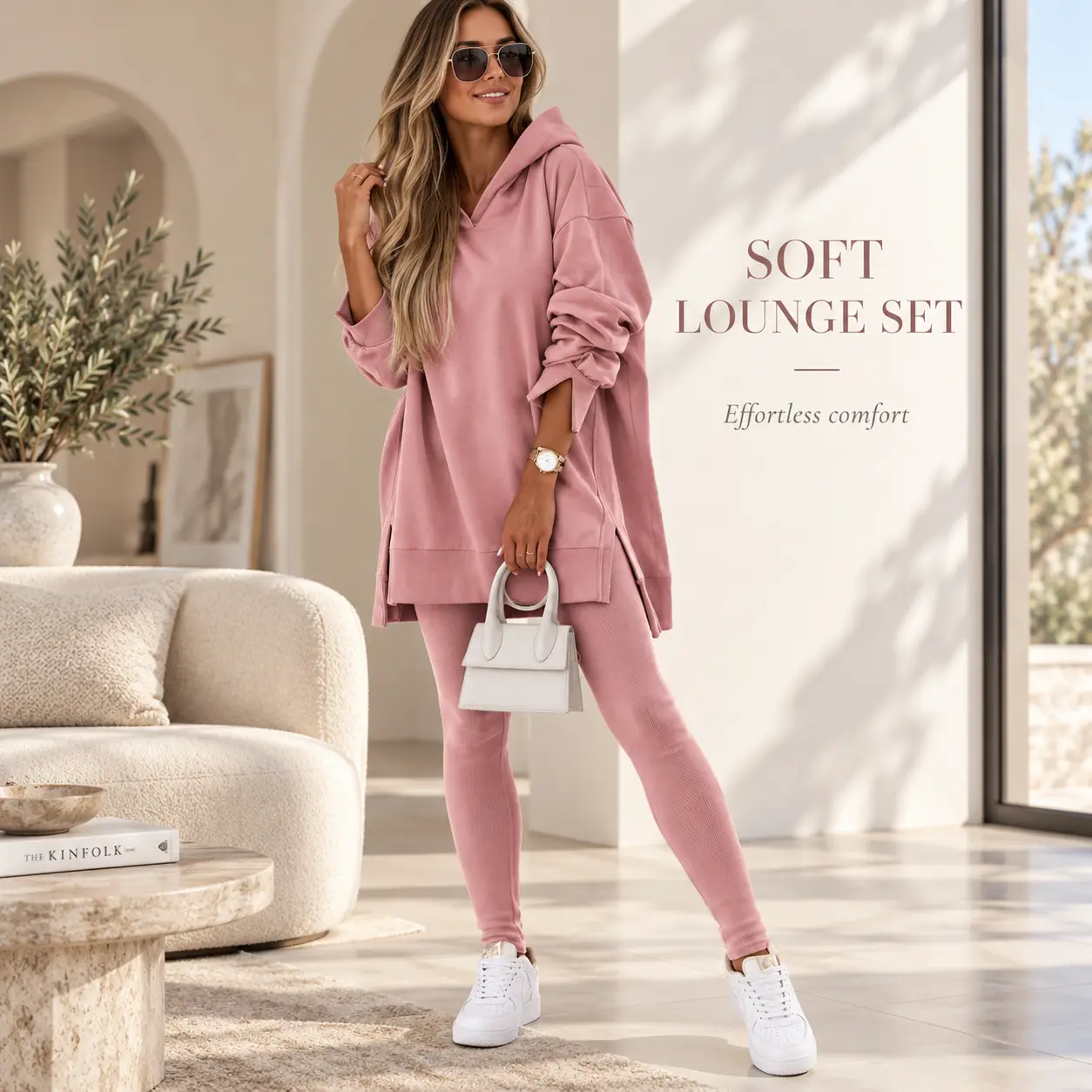 Women's 2 Piece Lounge Set, Oversized Hooded Tunic Sweatshirt & Ribbed Leggings, Soft Stretch Matching Tracksuit for Women, Casual Fall Winter Outfit for Travel, Airport, Streetwear, Weekend, Daily Wear, Running Errands & Relaxed Athleisure Style Clothes