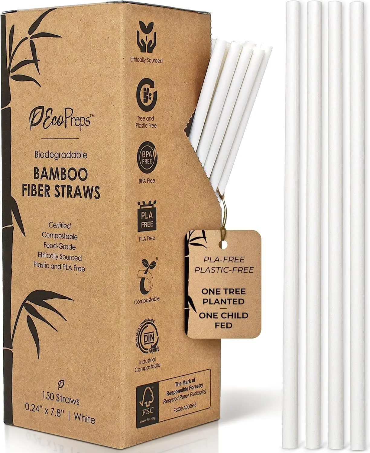 Biodegradable Bamboo Fiber Disposable Straws, 150 Count, 7.8 Inch | 100% Compostable, Eco-Friendly Drinking Straw | Plastic-Free White Straw, Plant Fiber Straws | Durable for Warm & Cold Drinks