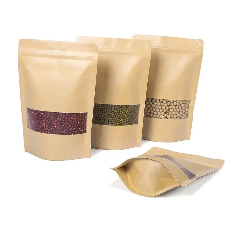 Kraft Paper Bag, 100pcs Reusable Food Storage Bag with Clear Window, Gift Bag, Stand Up Food Storage Bag for Coffee Bean, Tea, Nuts, Grains, Fruits, Organiser