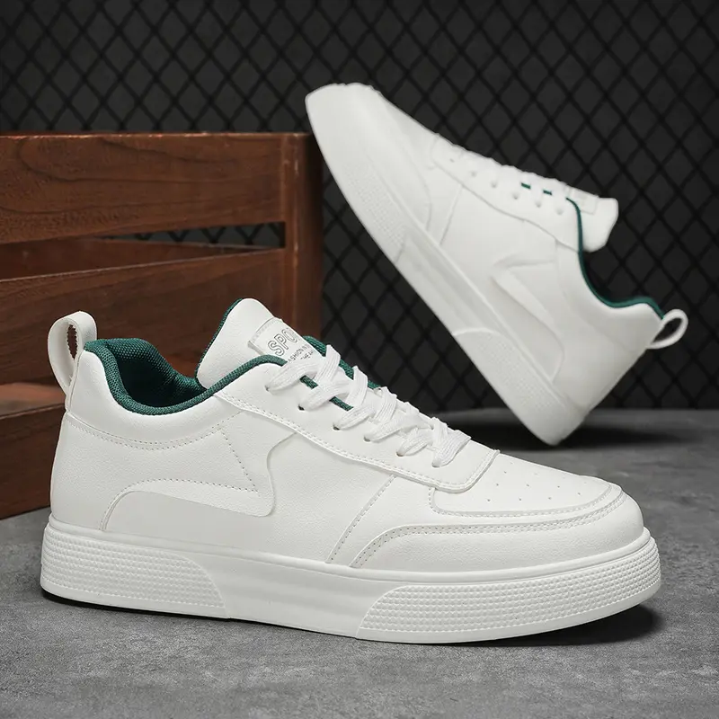 Men's Fashion Leisure Shoes, Off-White & Green Breathable PU Leather Sneakers, Soft Wear-Resistant PVC Sole for Walking & Outdoor Sports, Easy-Clean Waterproof Casual Footwear for Adult Males