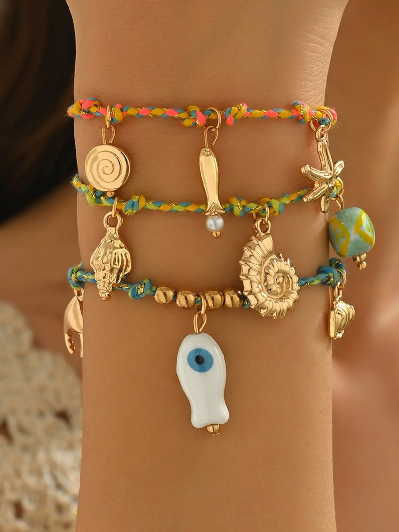 Fashionable DIY Pendant Colorful Cotton Thread Handmade Bracelet Set, Bohemian Bracelets, Ceramic Small Fish Wristband, 3 Piece Jewelry Kit, Beaded Bracelets Set