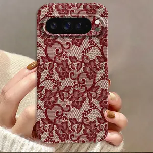 Burgundy Lace Floral Pattern Film Hard Protective Phone Case Suitable for Google Pixel 9 Pro XL/9 Pro 5G/9/ 8 Pro/ 8/ 8A/ 7 Pro/ 7/ 7a/10/10 Pro/10 Pro XL, Seismic Resistant Cover ,New Year Valentines Gift