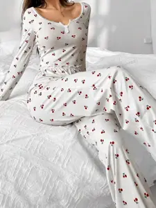 Two-piece Set Women's Cherry Print Pajama,Women's 2-Piece Lounge Set,Lace Trim Ribbed fabric Long Sleeve Pants, Casual Elegant Homewear for Daily Wear,Comfort Pajama Womenswear for All Seasons