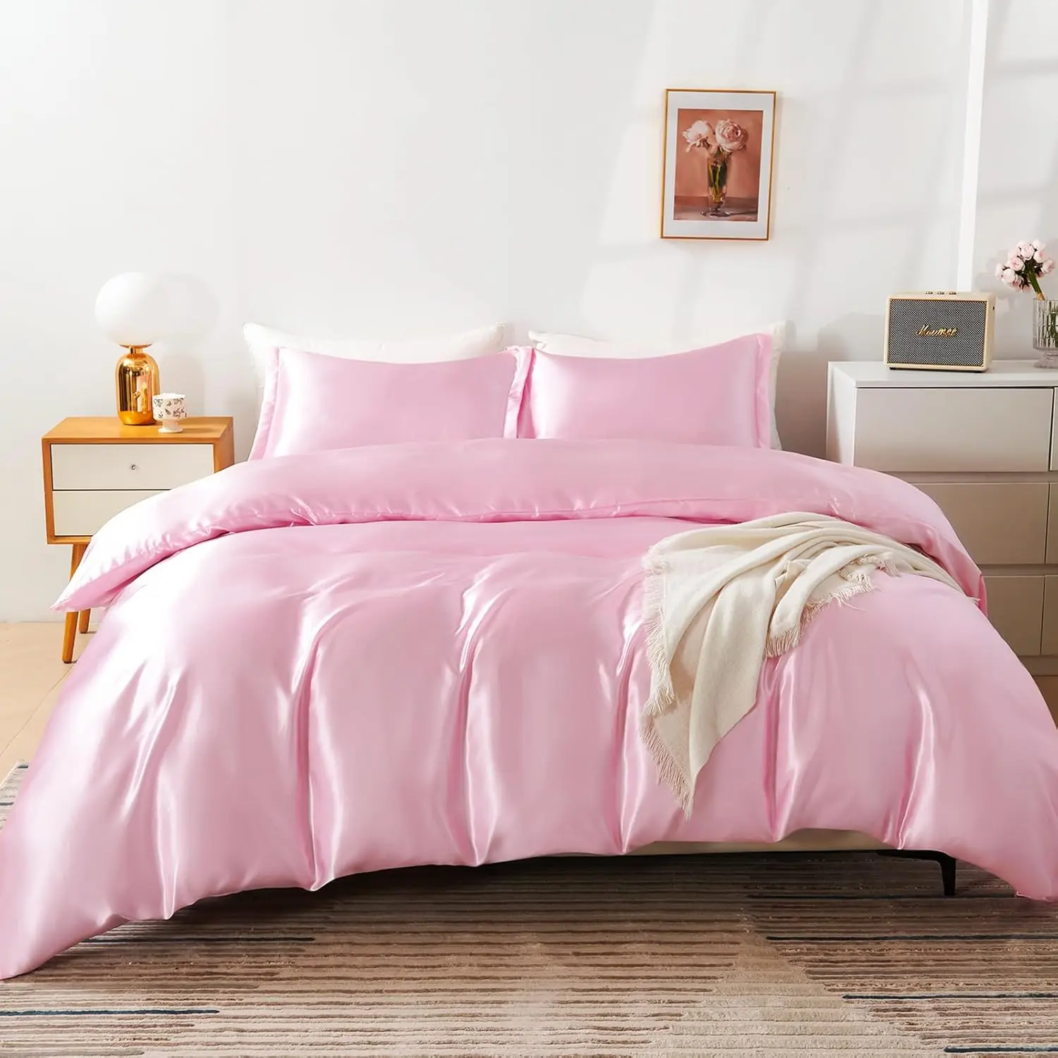 Satin Duvet Cover  Size, 3 count Silk Like Comforter Cover, Ultra Soft and Breathable Bedding Set with Zipper Closure & Corner Ties