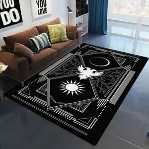 Mystic Sun Moon & Raven Flannel Area Rug - Black & White Geometric Print Soft Mat for Living Room & Bedroom, Non-Slip Gothic Home Decor #MysticRug #SunMoonRavenMat #GothicHomeDecor #GeometricCarpet #NonSlipFlannelRug
