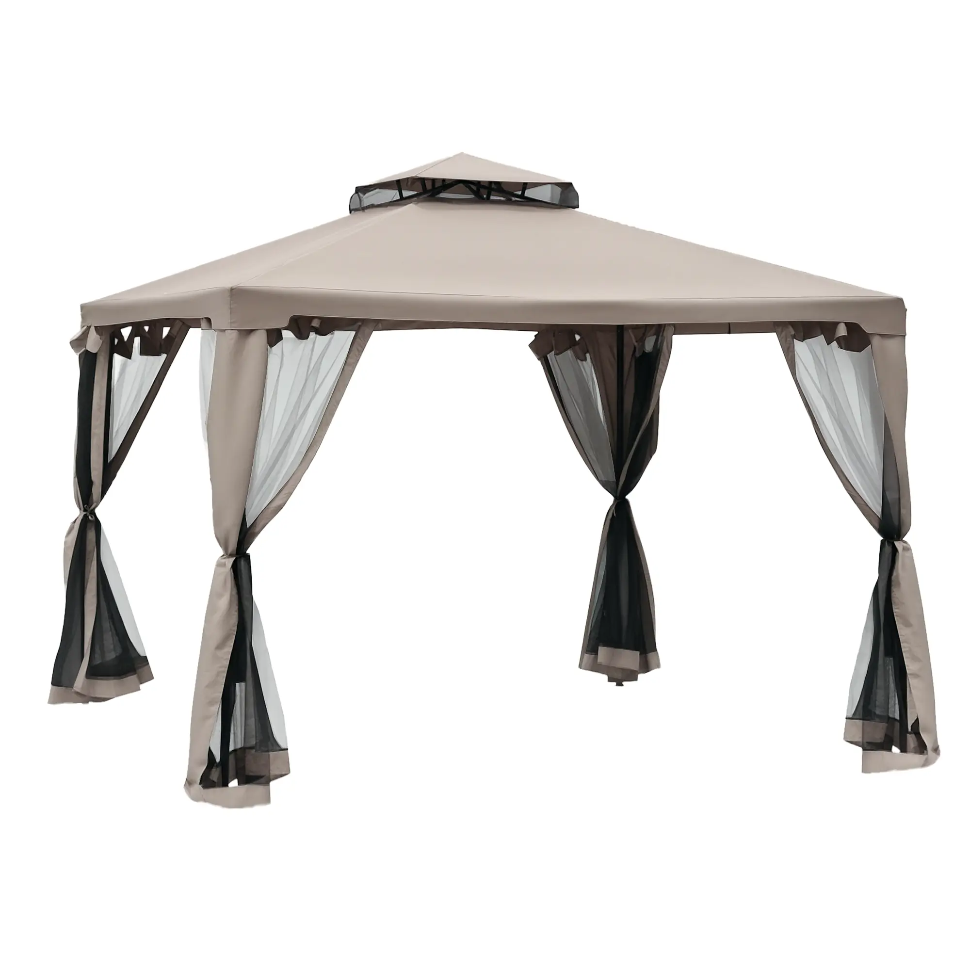 Outdoor Patio Gazebo Cover - 9.6x9.6ft PA-Coated Polyester with Mesh Sidewalls, UV Prevention, Sun Protection, Click Buttons, Ground Stakes, Assembly Required, for Deck BBQs, Camping Gatherings