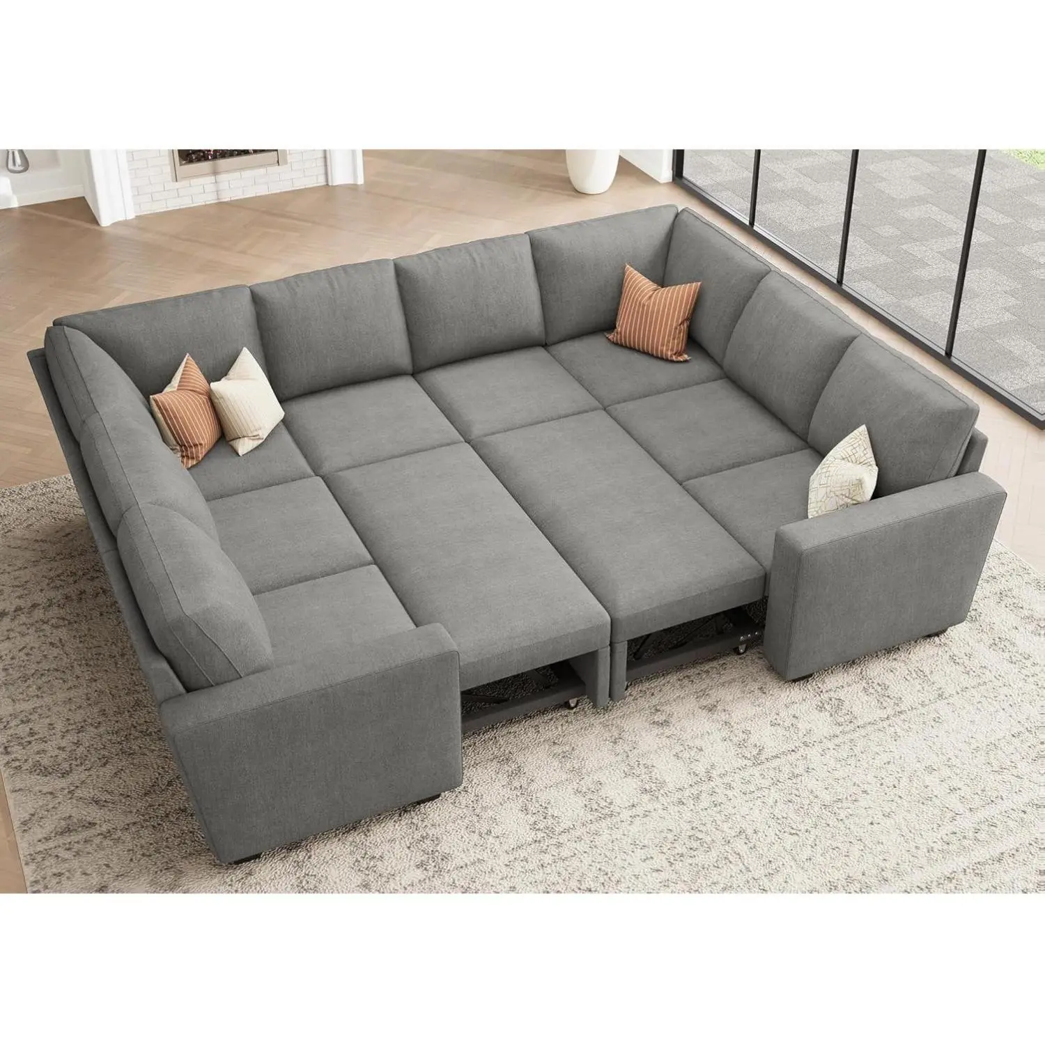 HONBAY Modular Sectional Couch with Pull Out Bed, Chenille Sleeper Sofa with Storage Seats, U Shaped Sectional Couches for Living Room, Warm Grey
